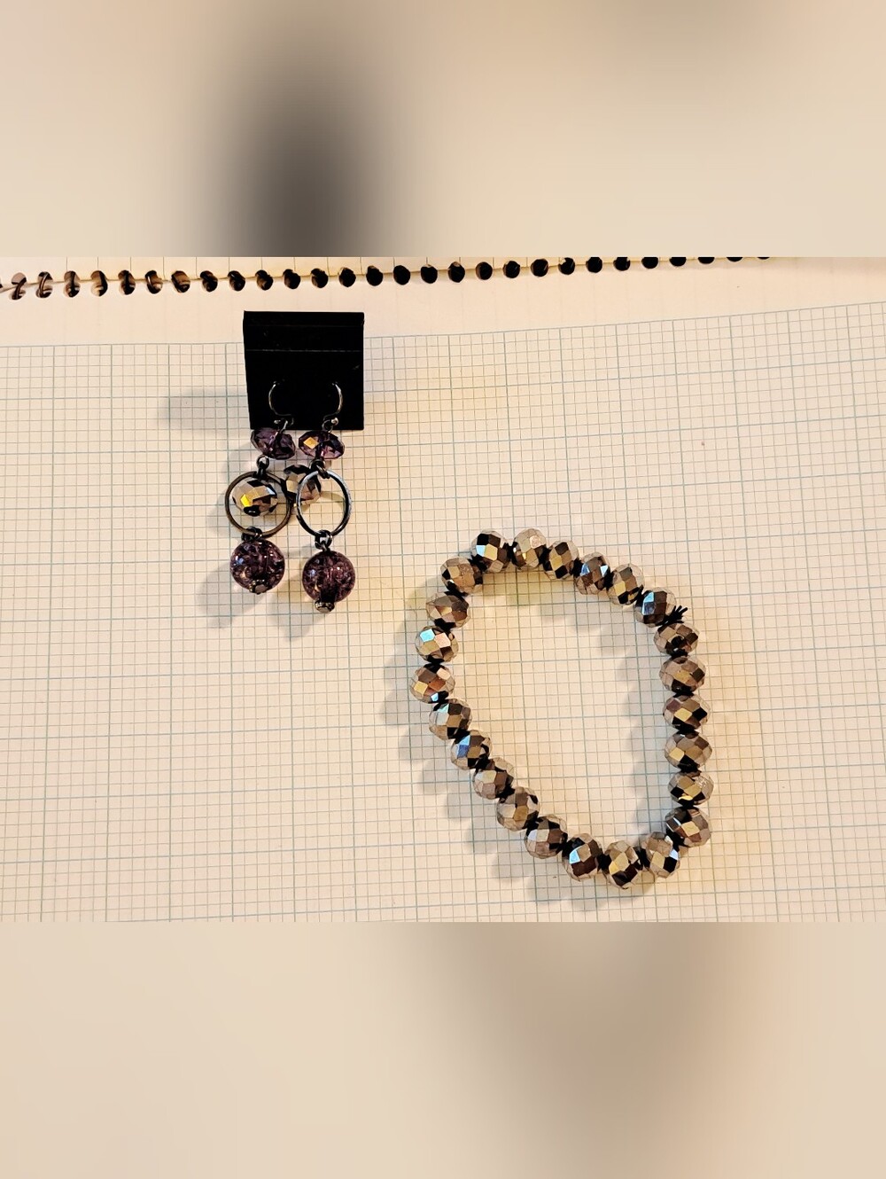 Purple Glass Bead Drop Earrings and Faceted Mirror Metallic Bracelet Set